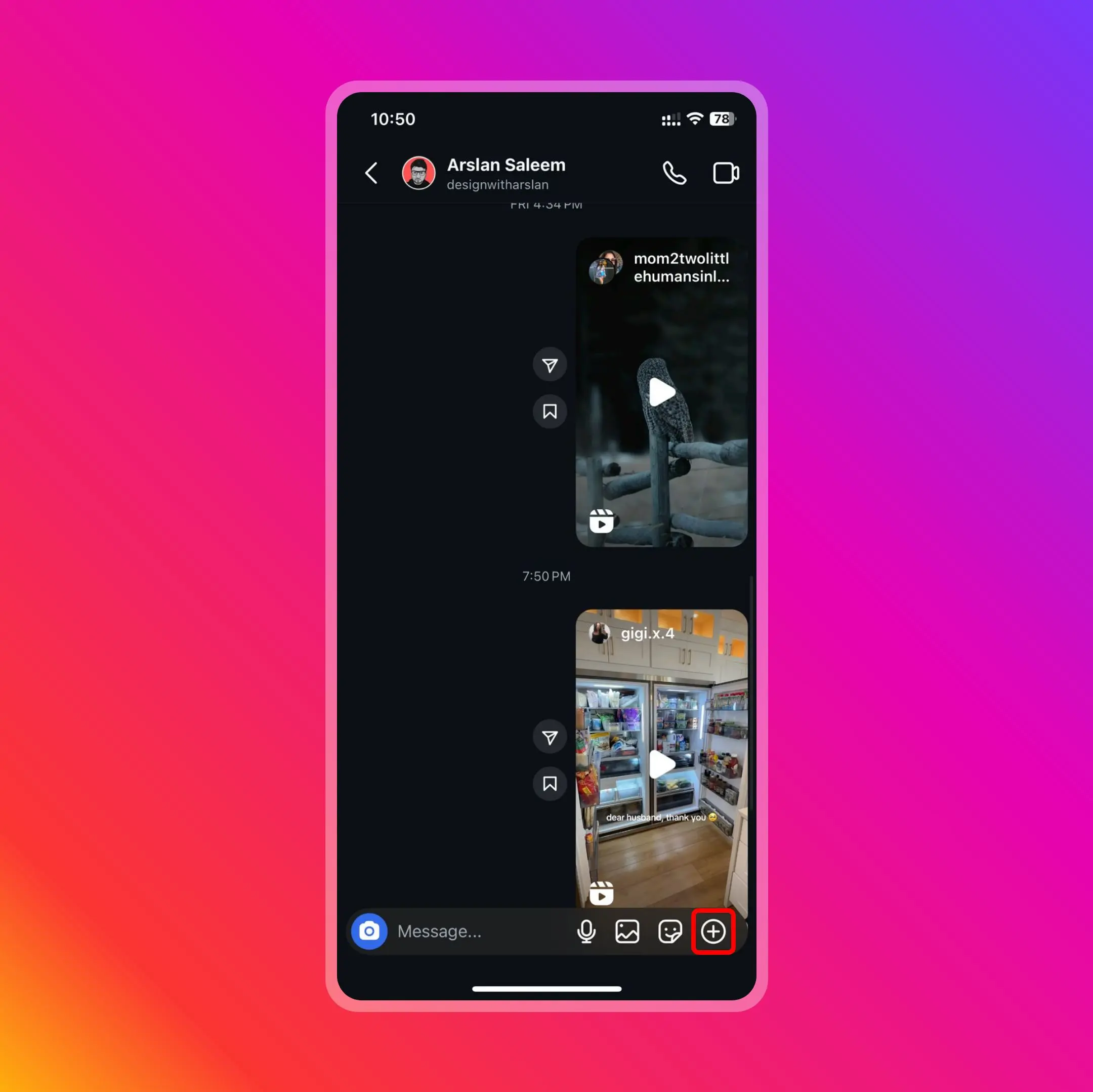 Plus icon on Instagram Chat